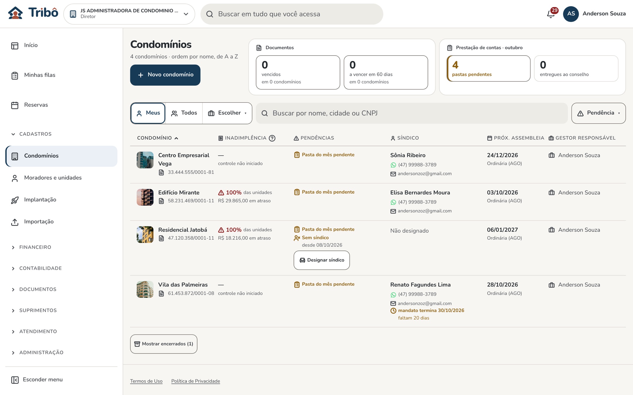 Tela real da administradora: a lista de condomínios com inadimplência, pendências, síndico e próxima assembleia