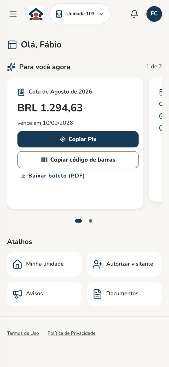 Tela real do morador no celular: a cota do mês e os atalhos