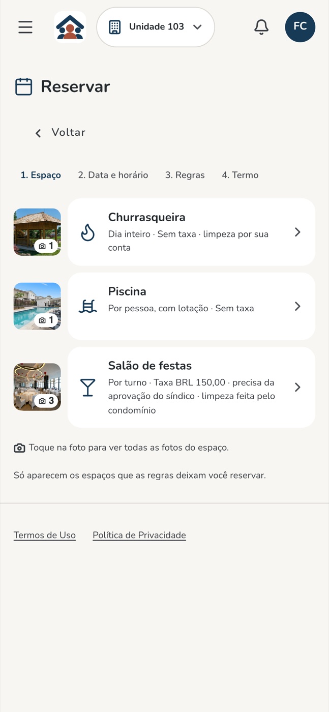 Tela real do morador: escolher o espaço para reservar