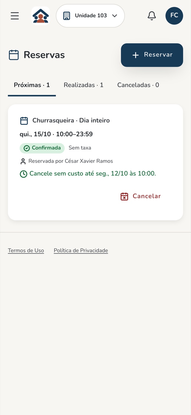 Tela real do morador: minhas reservas, com a reserva confirmada